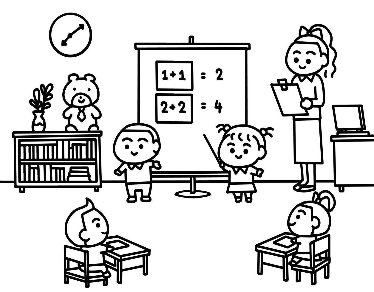 Children presenting worksheet at classroom coloring pages style. vector