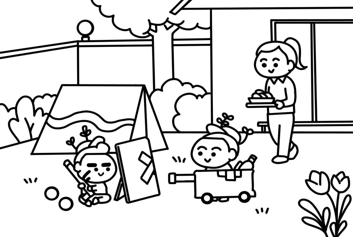 The boy playing with friend coloring pages style. vector