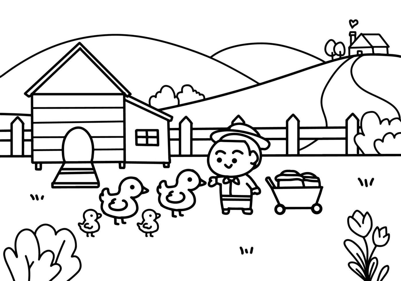 Kid with duck farm coloring pages style. vector