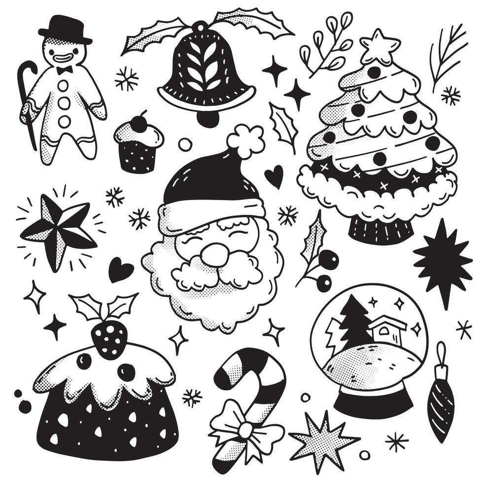 Hand Drawn Christmas Doodle Icons with Halftone Effect Isolated on White Background vector