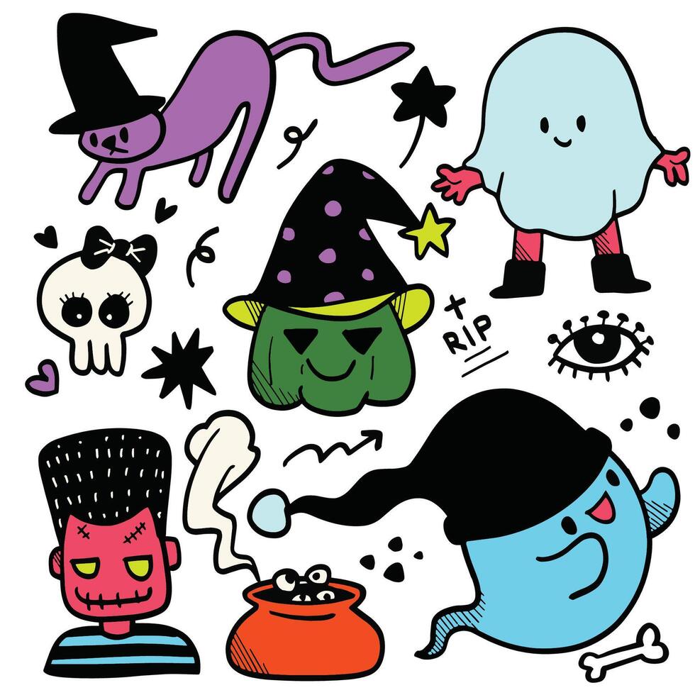 Cute Halloween Doodle Set with Ghosts and Witchy Icons, Isolated on White Background vector