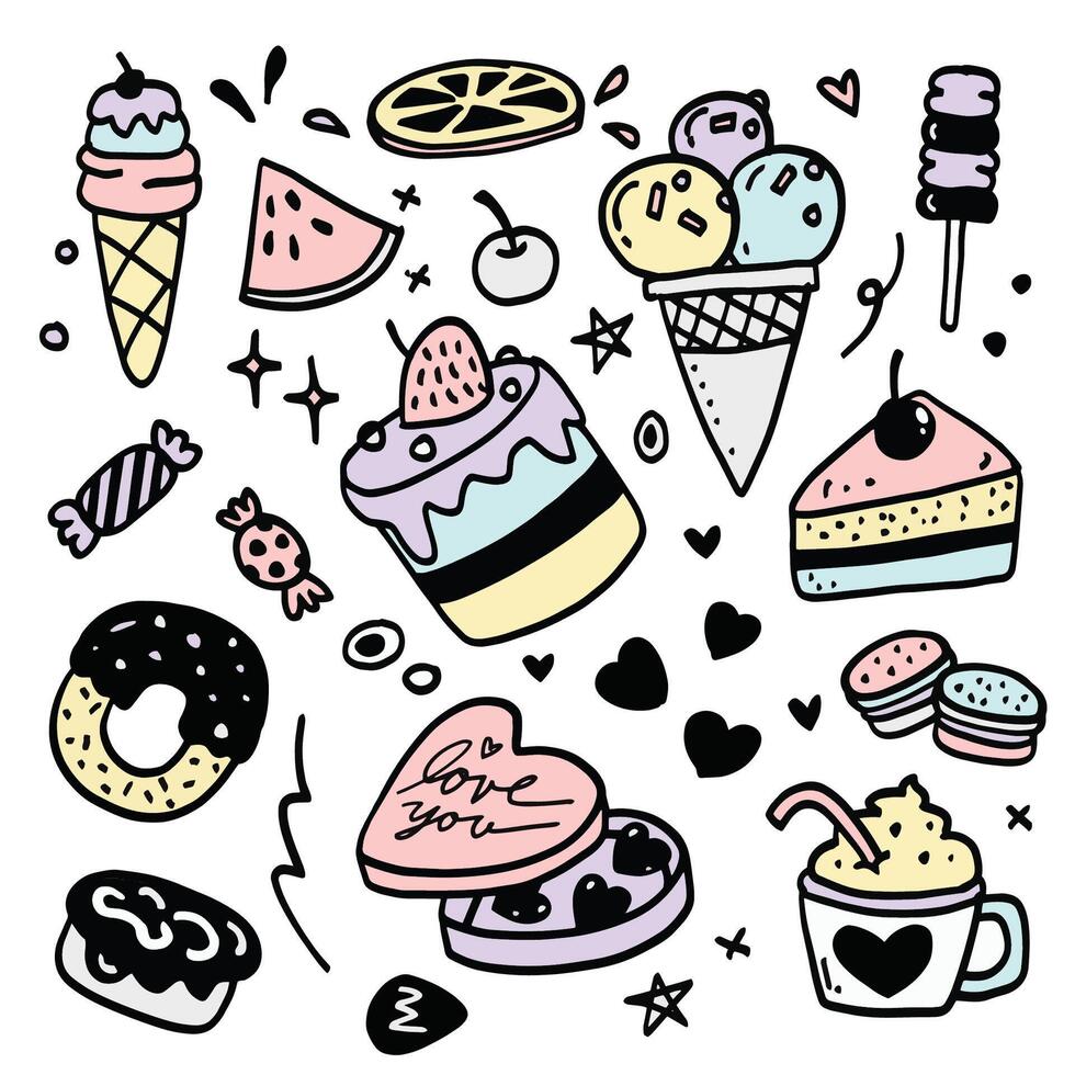Sweet Dessert Doodle Collection with Cakes and Ice Cream, Isolated on White Background vector