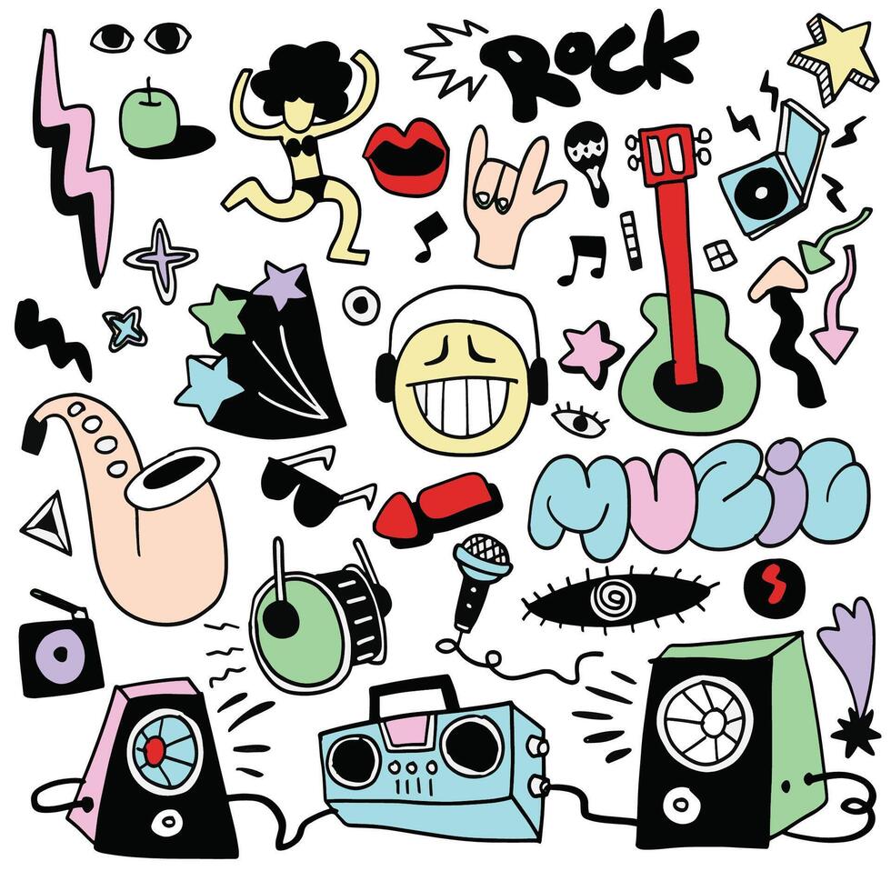 Hand Drawn Music and Pop Art Doodles Isolated on White Background vector