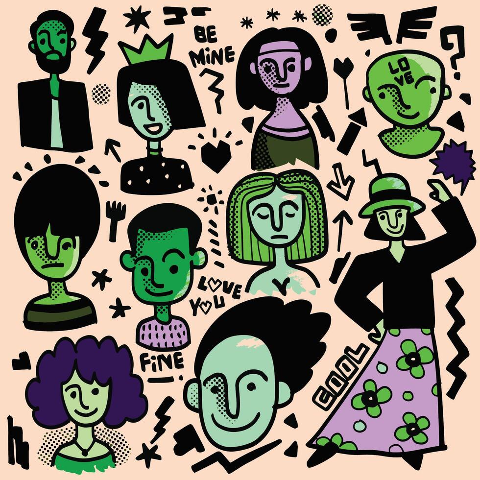 Hand Drawn Abstract Portrait Doodles Isolated on Beige Background vector