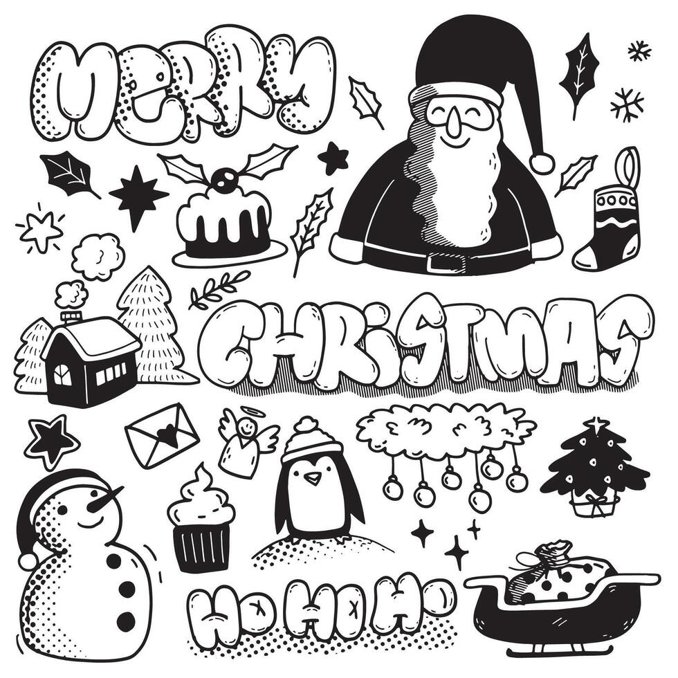 Hand Drawn Christmas Doodle Icons with Halftone Effect Isolated on White Background vector