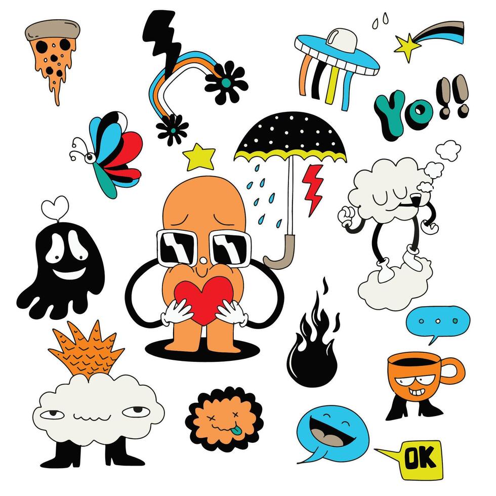 Quirky Character Doodle Collection with Fun Icons, Isolated on White Background vector