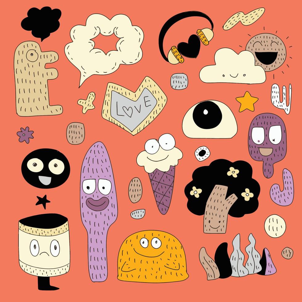 Hand Drawn Whimsical Doodle Characters Isolated on Orange Background vector
