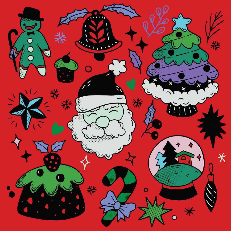 Hand Drawn Christmas Doodles with Santa and Gingerbread Isolated on Red Background vector