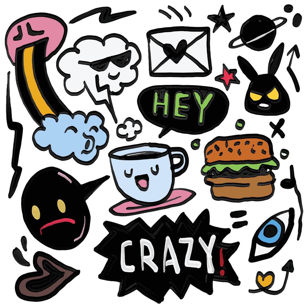 Quirky Doodle Collection with Fun Expressions and Food, Isolated on White Background vector