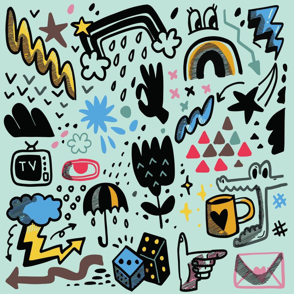 Hand Drawn Abstract Doodle Icons Isolated on Green Background vector