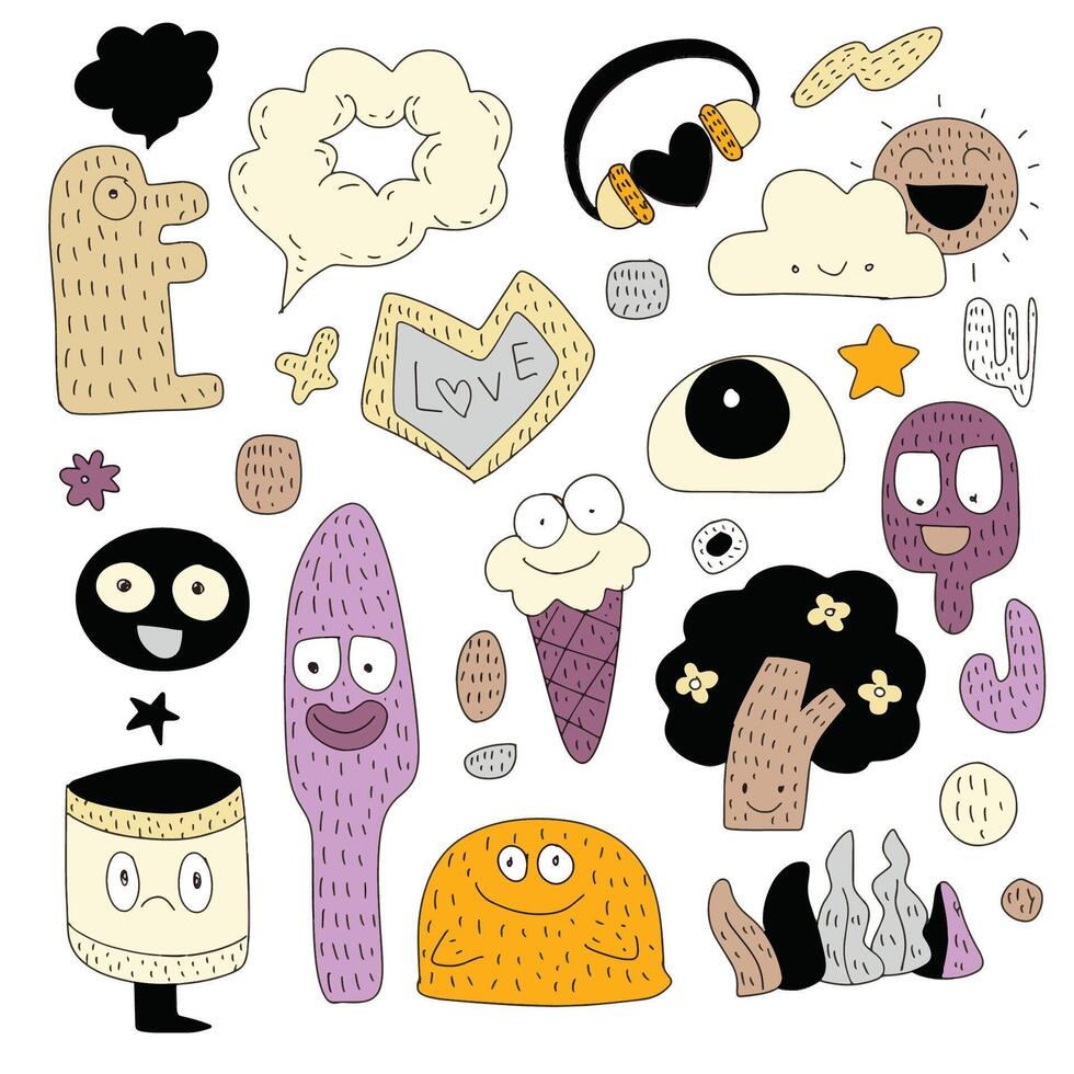 Quirky Character Doodle Collection with Fun Shapes, Isolated on White Background vector