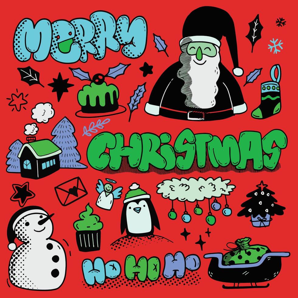 Hand Drawn Merry Christmas Doodles Isolated on Red Background vector