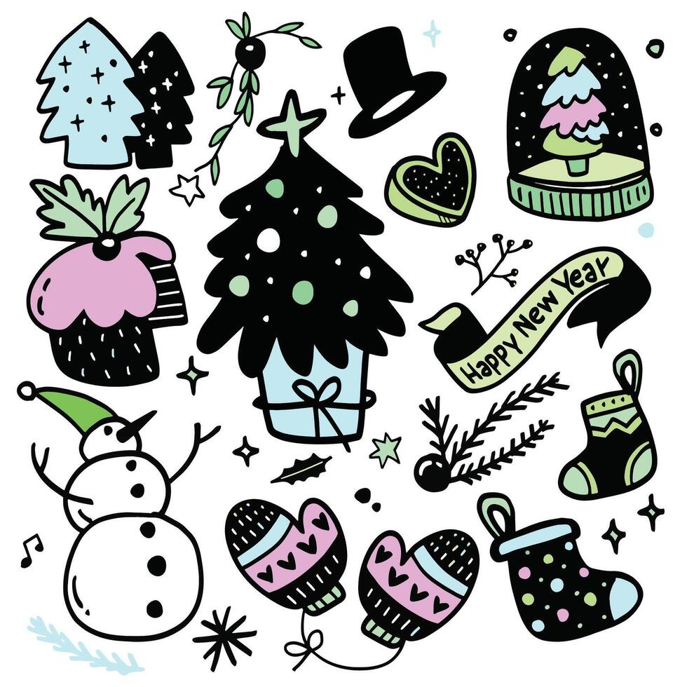 New Year and Christmas Doodle Collection with Tree and Snowman, Isolated on White Background vector