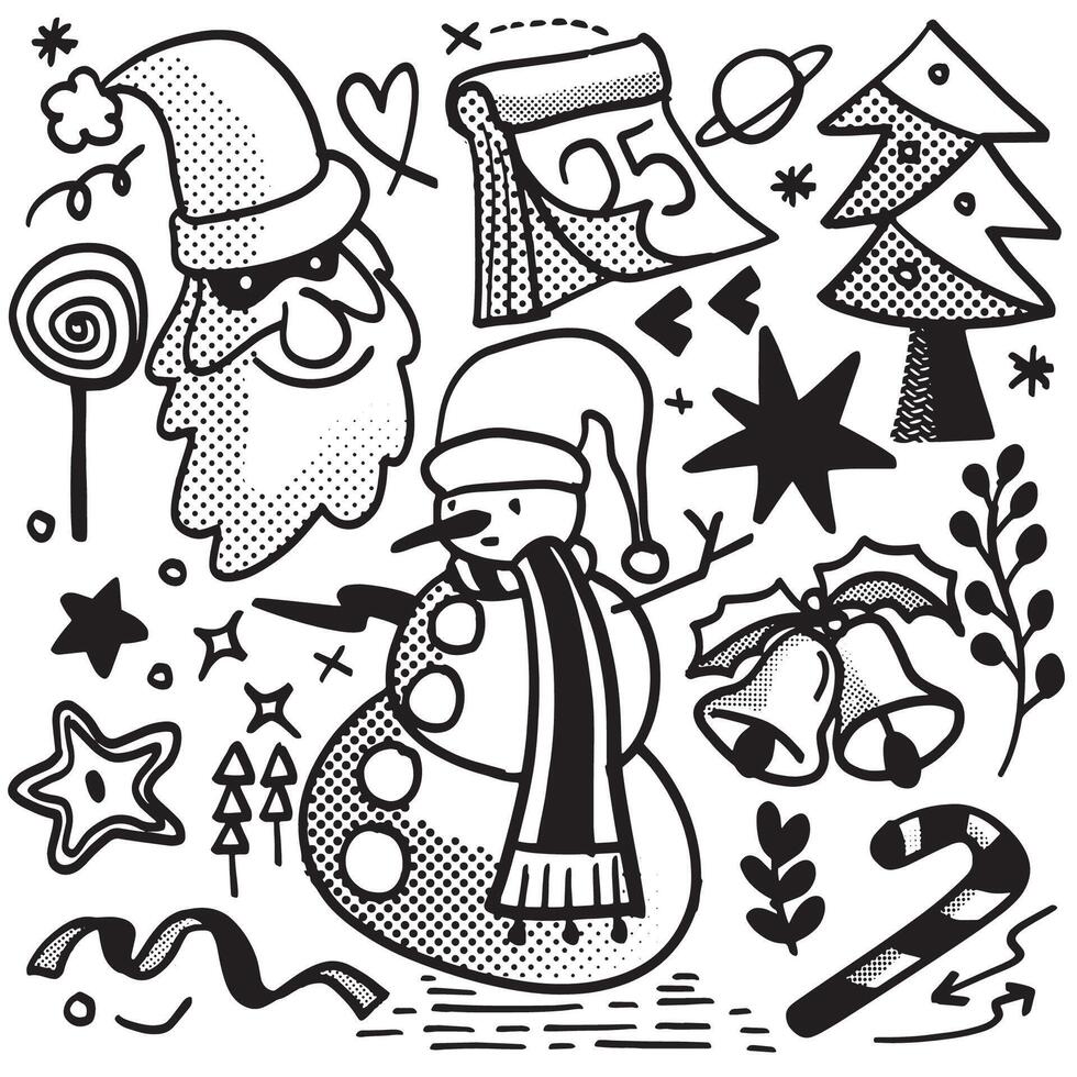Hand Drawn Christmas Doodle Icons with Halftone Effect Isolated on White Background vector