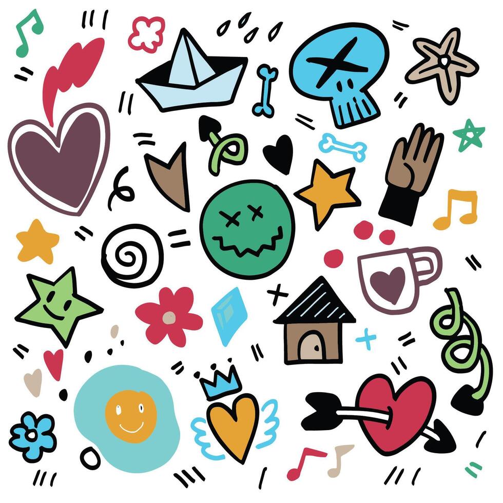 Colorful Doodle Collection with Hearts and Fun Symbols, Isolated on White Background vector