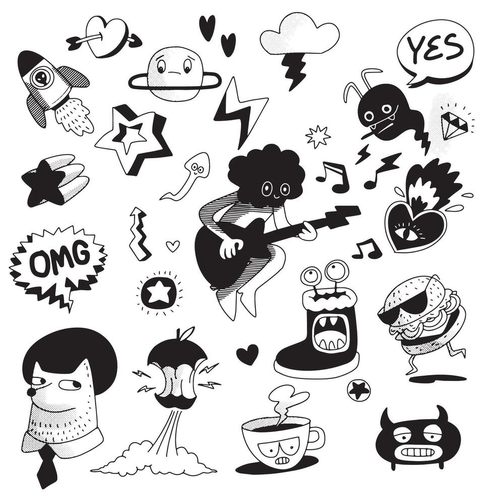 Hand Drawn Funky Doodle Icons with Halftone Effect Isolated on White Background vector