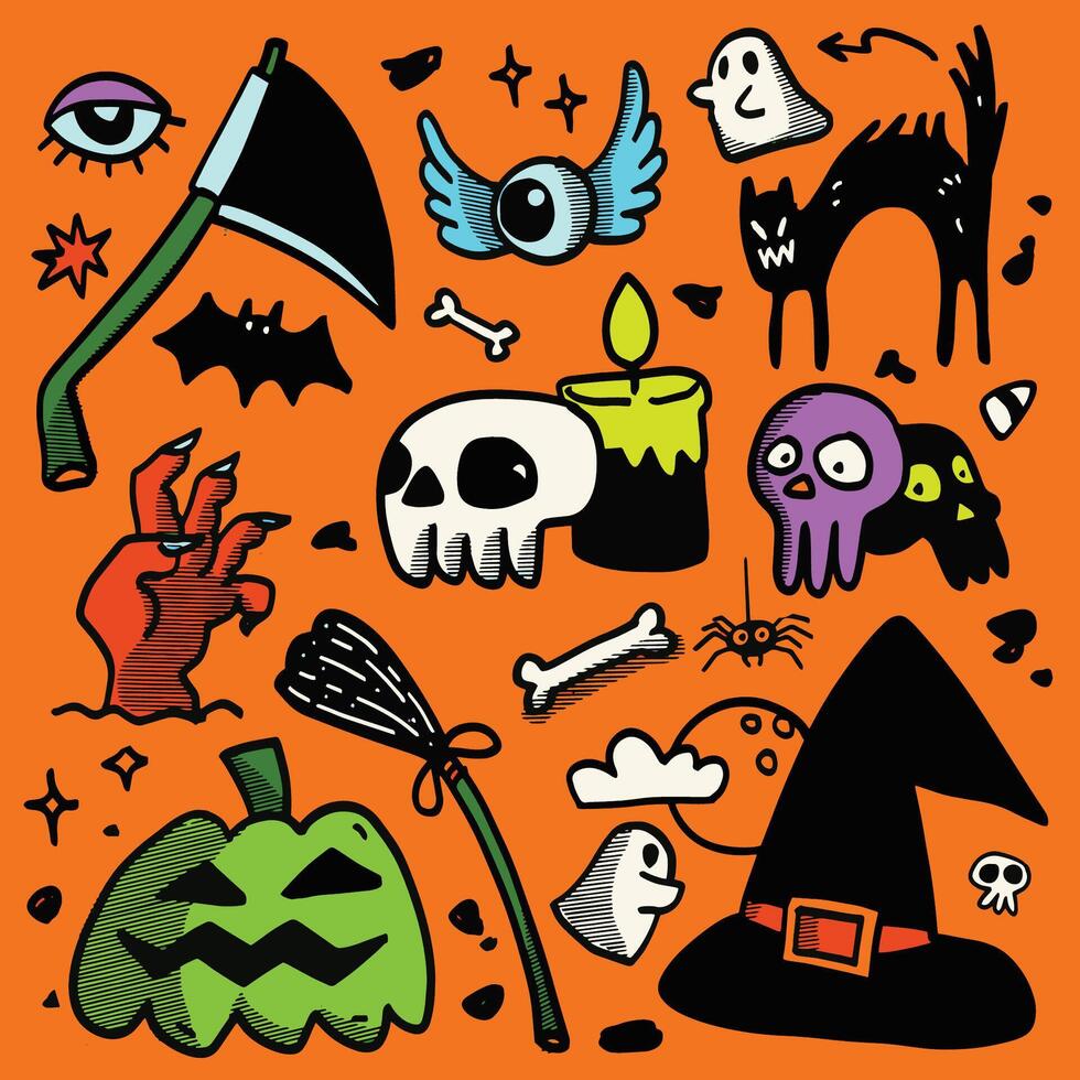 Hand Drawn Halloween Doodle Icons Isolated on Orange Background vector
