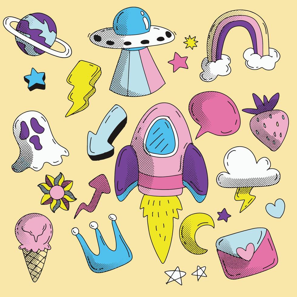 Hand Drawn Space and Fun Doodle Icons Isolated on Yellow Background vector