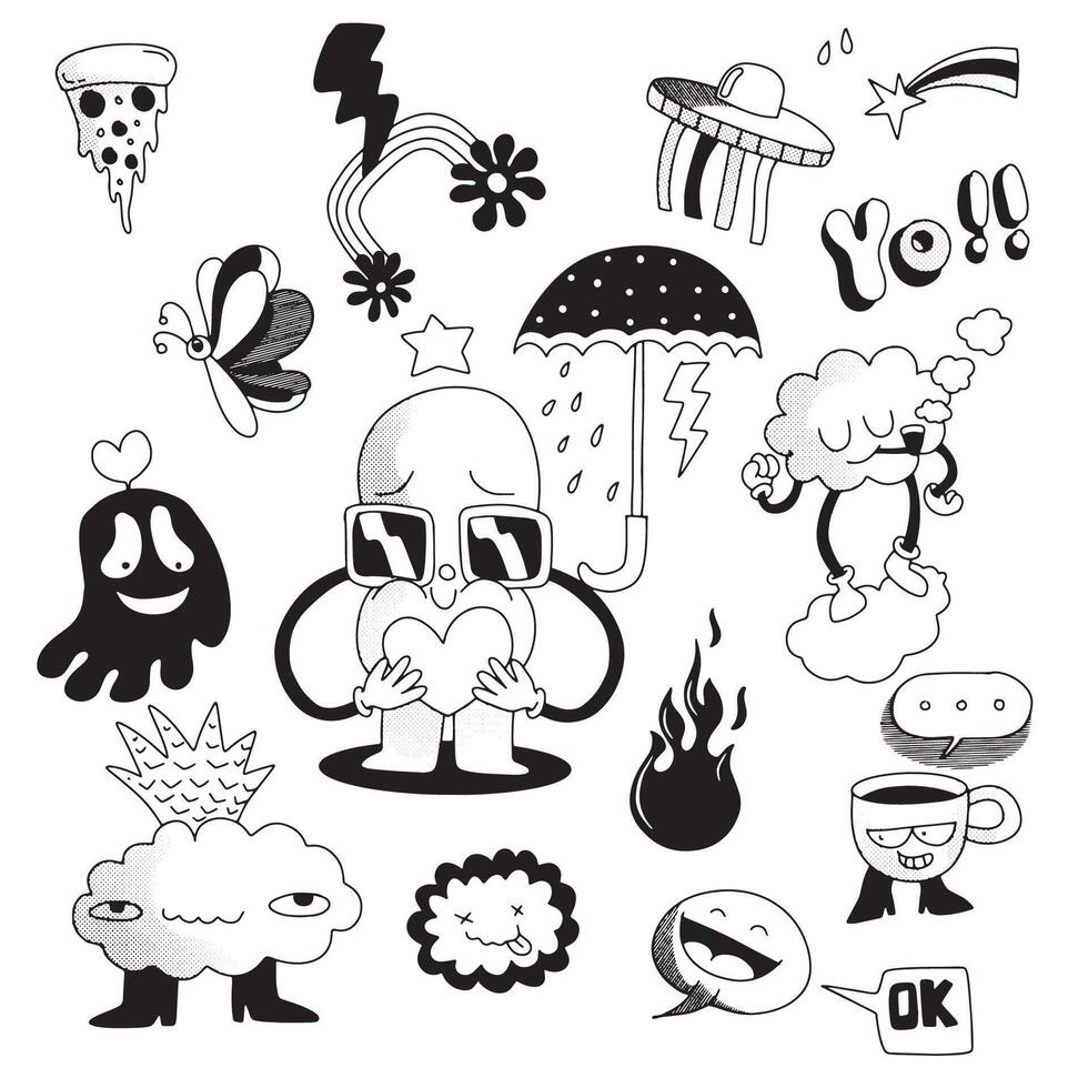 Hand Drawn Quirky Doodle Icons with Halftone Effect Isolated on White Background vector