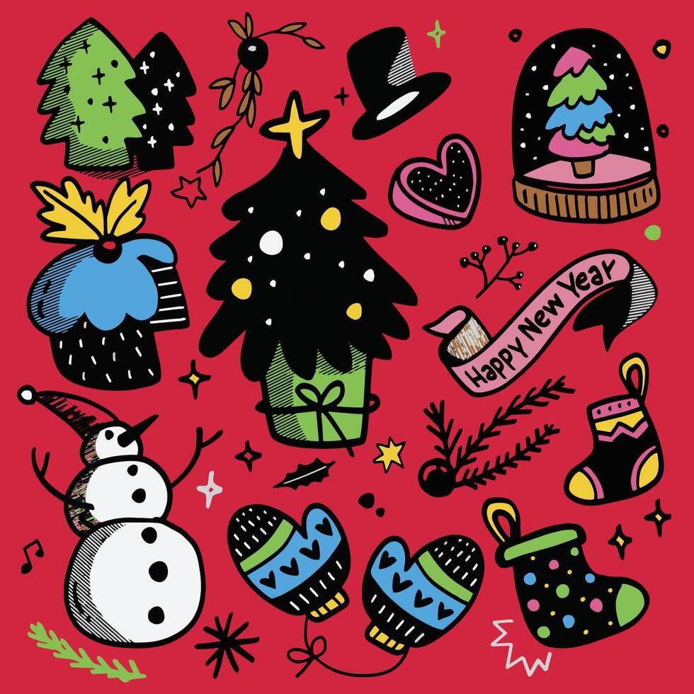 Hand Drawn Christmas and New Year Doodles Isolated on Red Background vector
