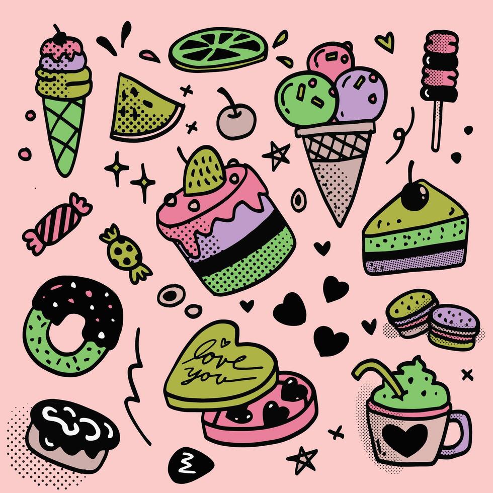 Hand Drawn Colorful Dessert Doodles Isolated on Pink Background vector
