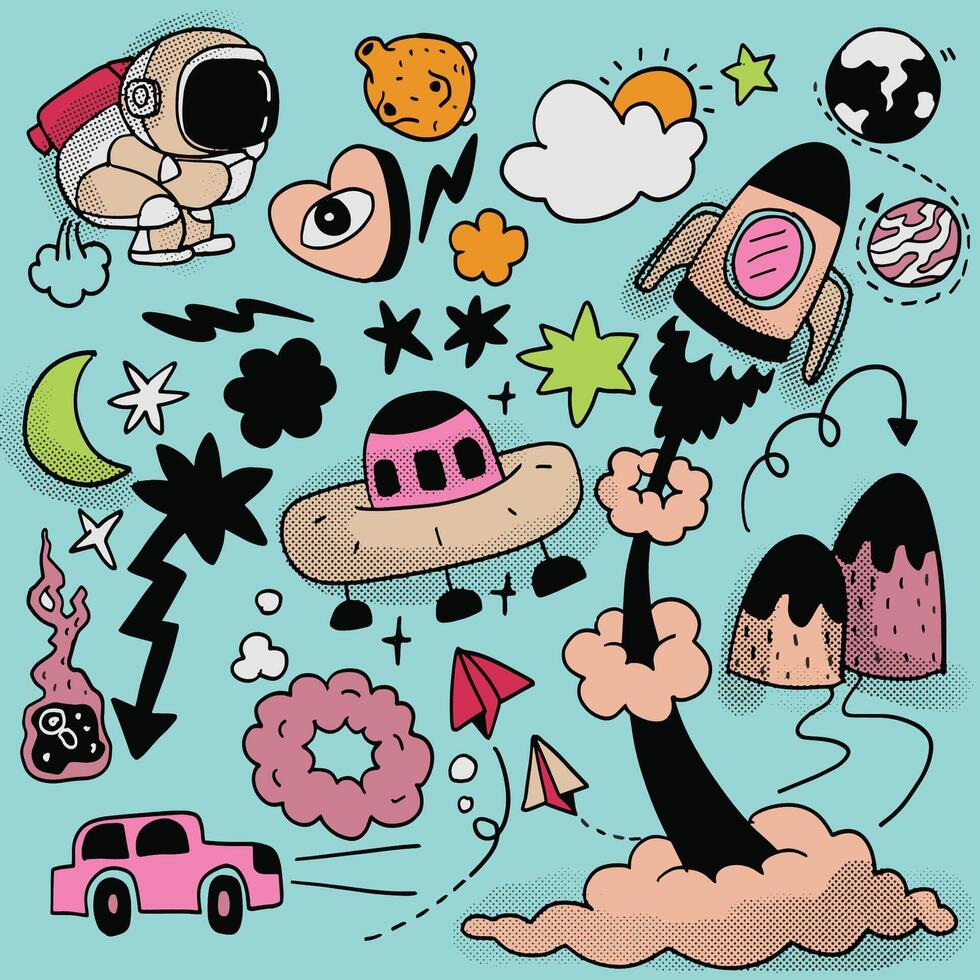 Hand Drawn Space and Rocket Doodles Isolated on Blue Background vector