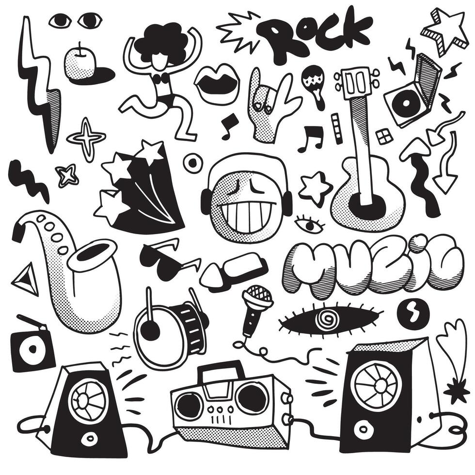 Retro Music Doodle Collage with Halftone Effect vector