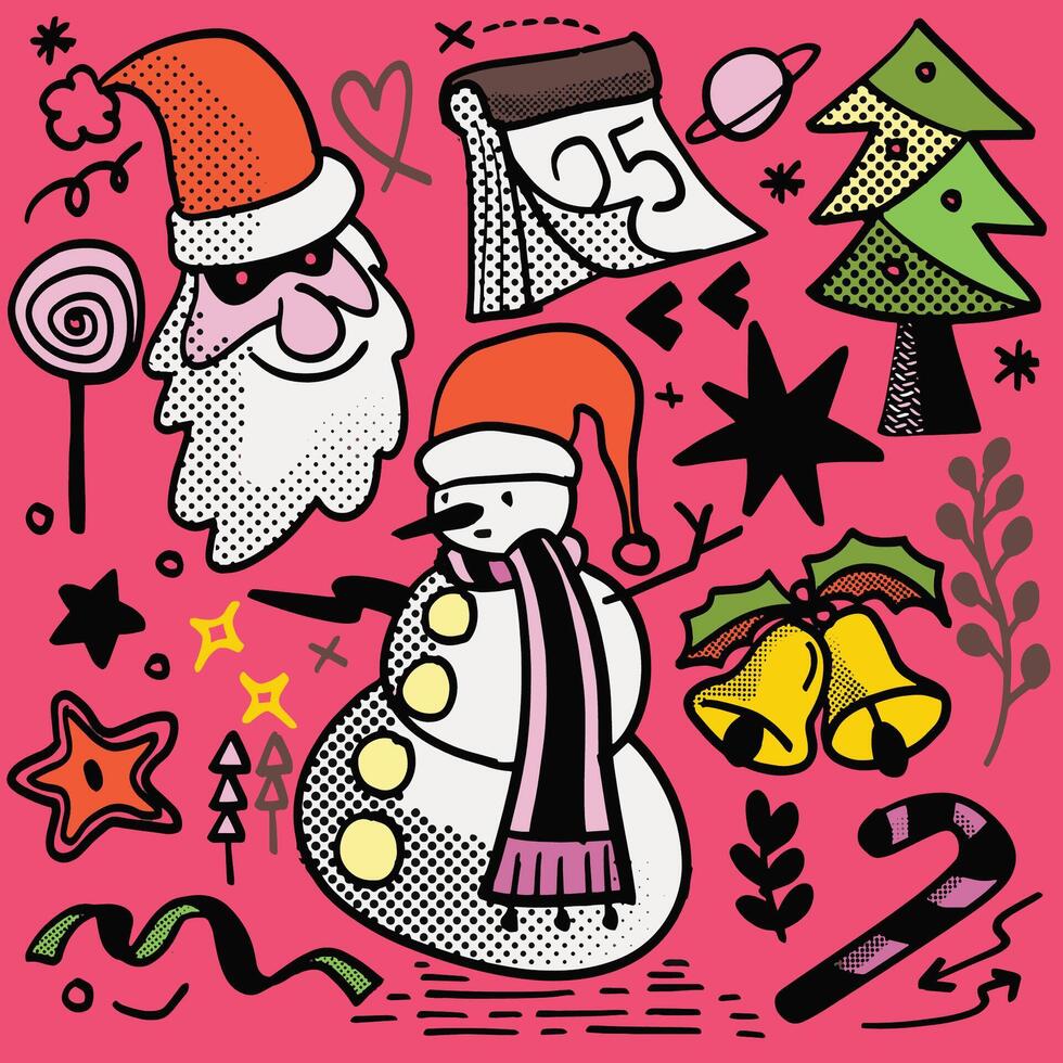Hand Drawn Christmas Doodles with Santa and Snowman Isolated on Pink Background vector