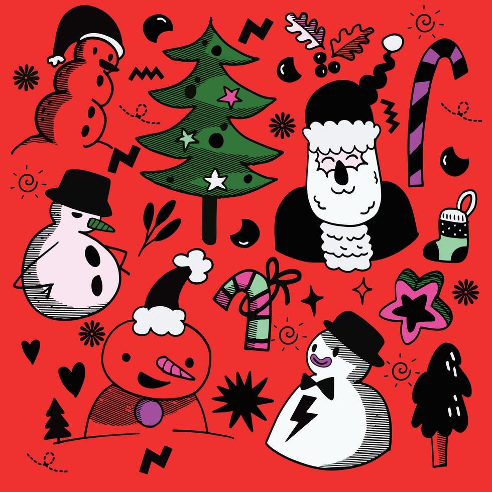 Hand Drawn Christmas Icons with Santa and Snowmen Isolated on Red Background vector