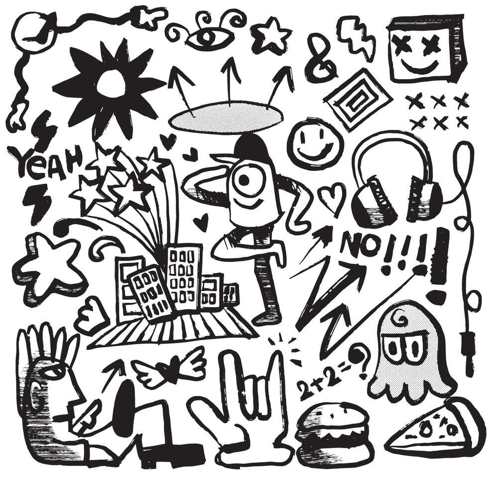 Funky Black and White Doodles with Halftone Effect Collection vector