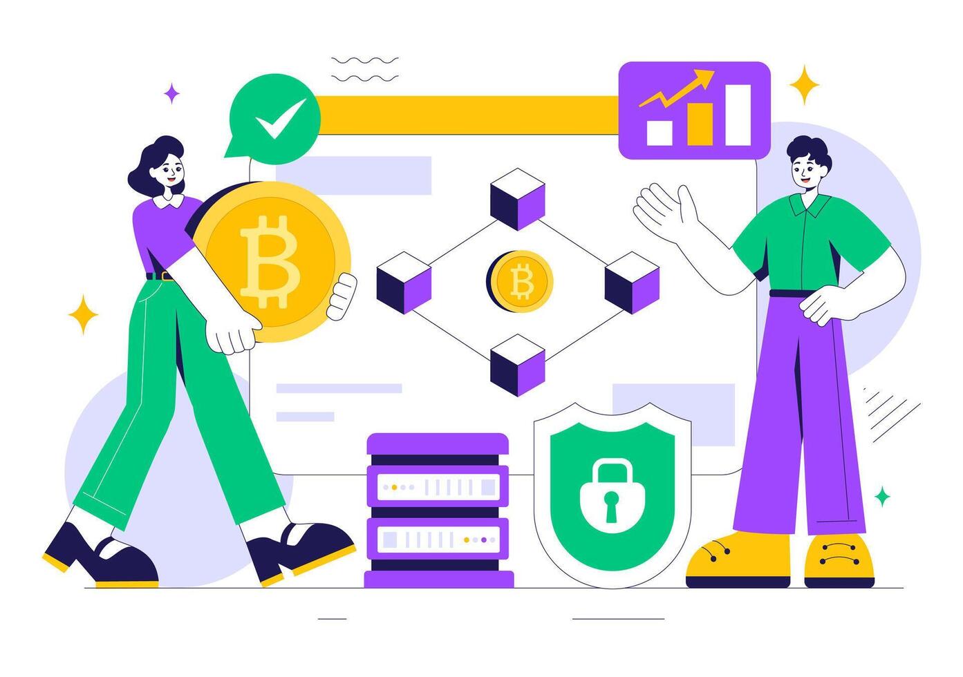 blockchain desarrollador trabajando en computadora ilustración con cubo bloques vector