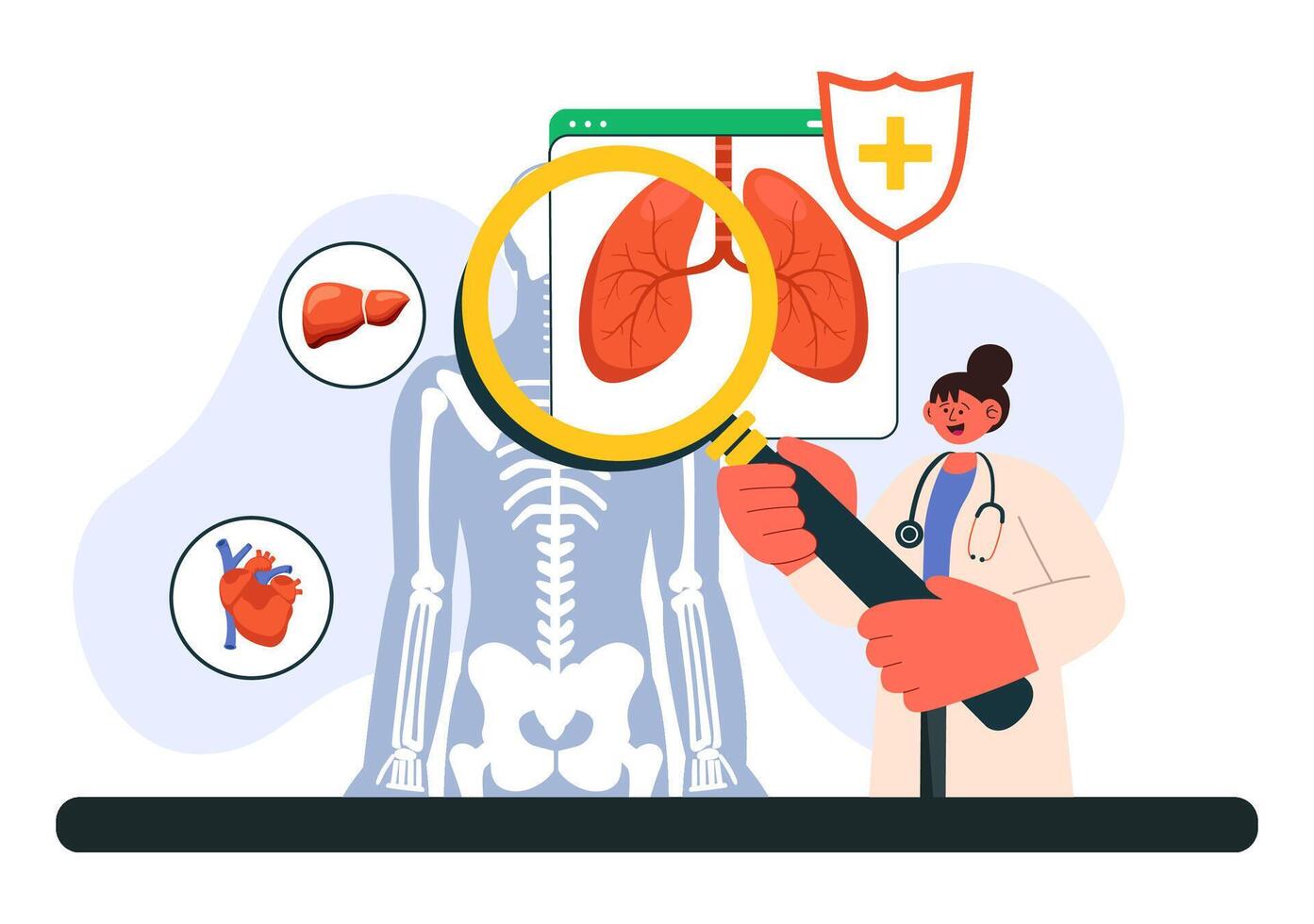 Human Body Examination Illustration with X-ray and MRI Scanning Machines in Flat Style Background vector