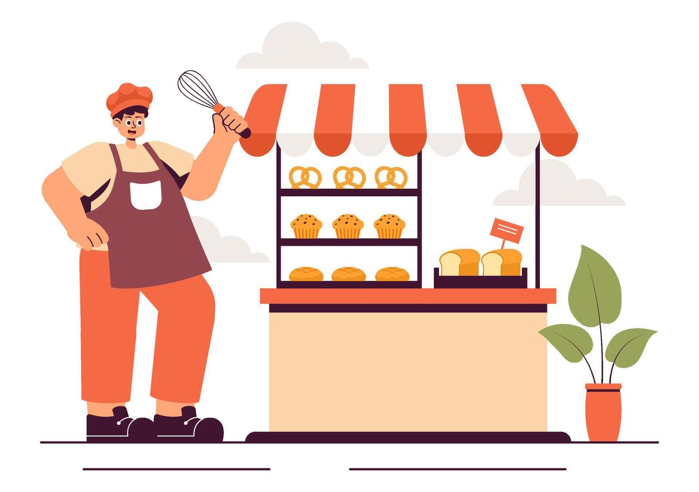 Bread Factory Illustration Featuring a Windmill, Wheat, and Assorted Pastries in a Cartoon Style vector
