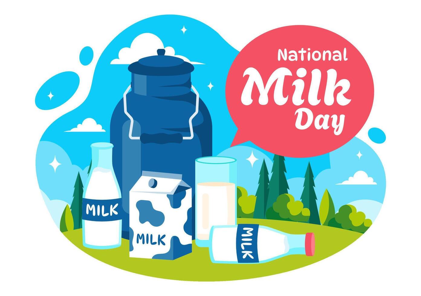 Milk Day with Cartoon Cow and Dairy Iconography in Flat Style vector