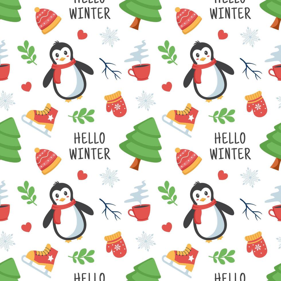 Charming Winter Seamless Pattern Design Featuring Decorative Elements in a Hand Drawn Cartoon Style Illustration Template vector