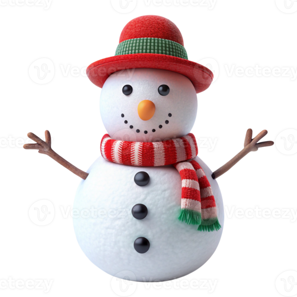 Snowman with red hat and colorful scarf isolated on transparent background png