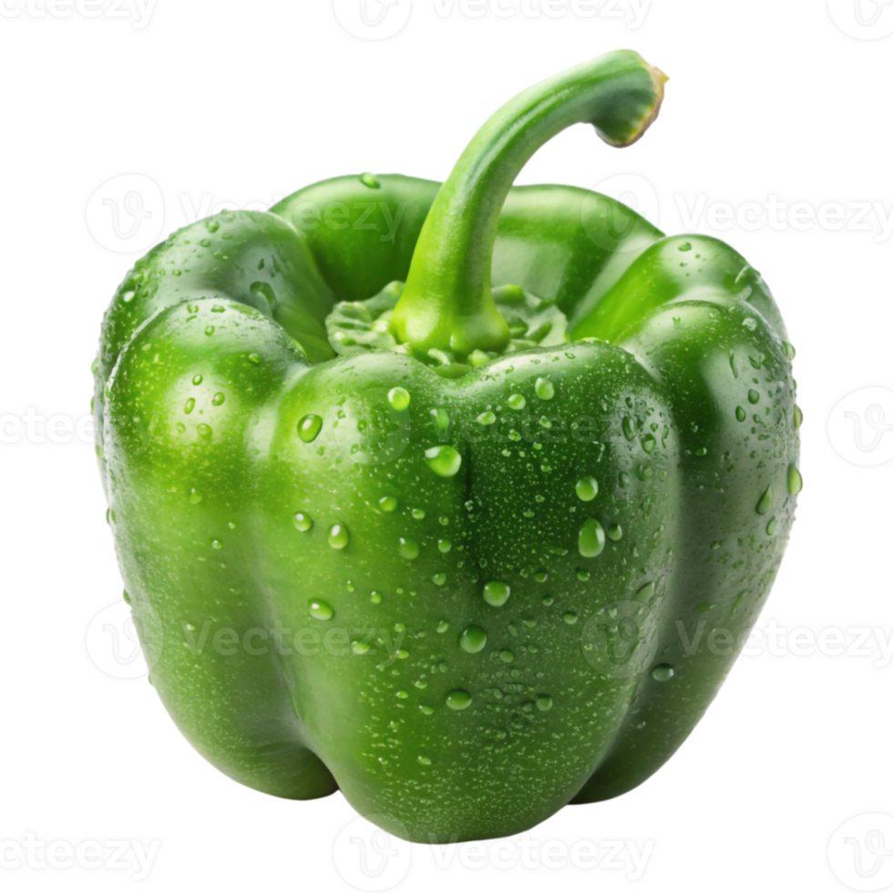 A green bell pepper with water drops on it and a transparent background. png