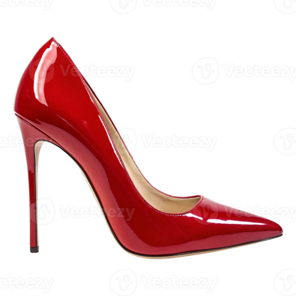 A red shoe with a gold heel is on a transparent background png