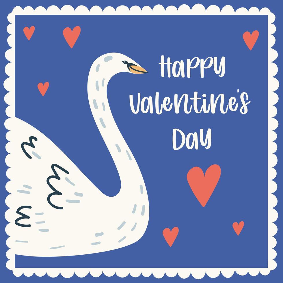 Happy Valentine's day greeting card featuring swan an hearts. Handdrawn illustration. vector