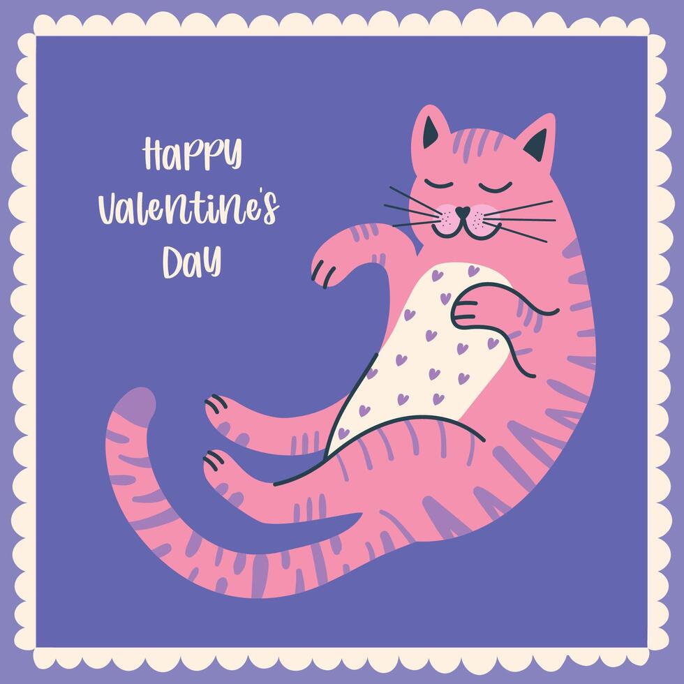 Happy Valentine's day greeting card with sleeping cat. Handdrawn illustration. vector