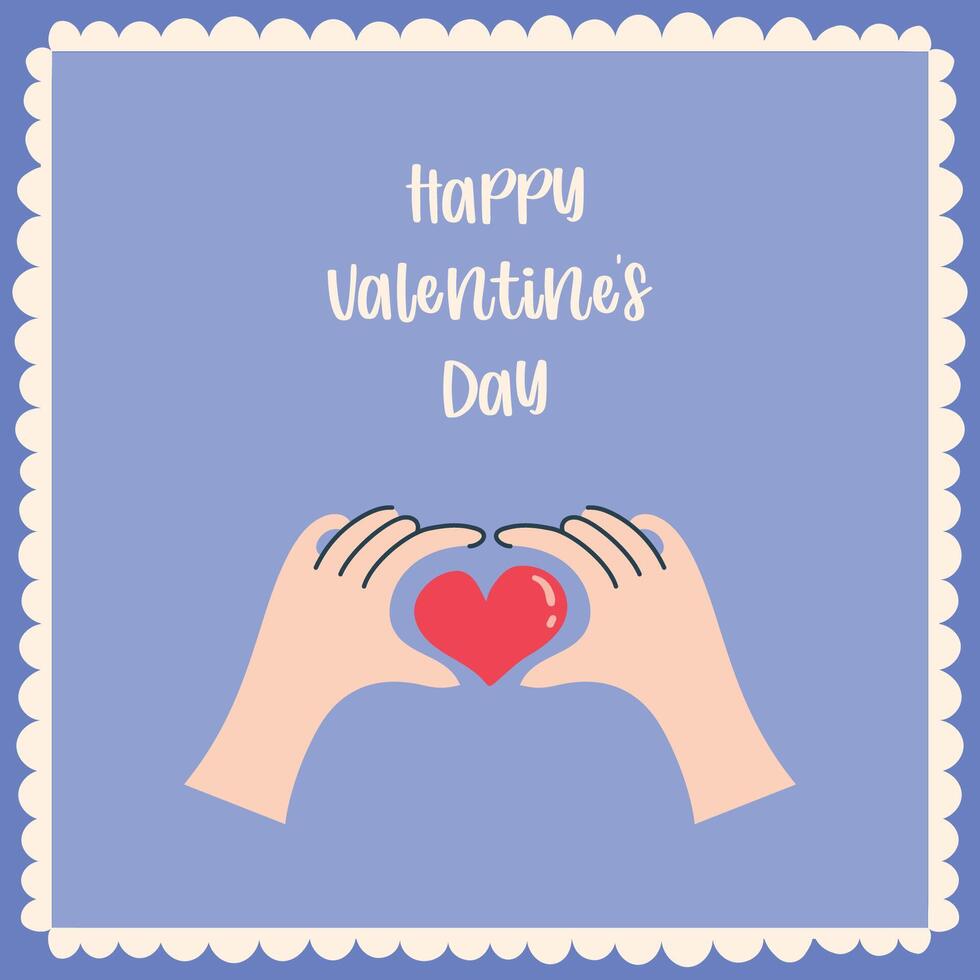 Happy Valentine's day greeting card with hands holding a heart. Handdrawn illustration. vector