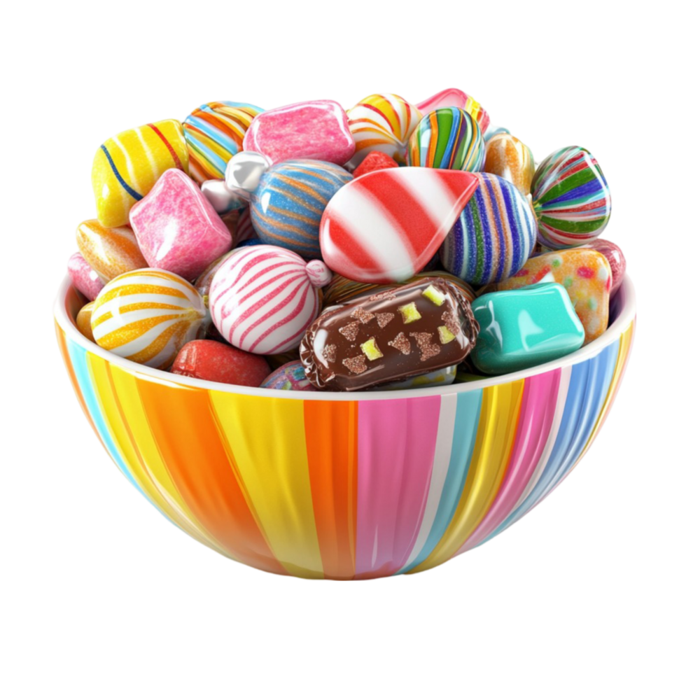 Colorful Candy Bowl with Candies on Transparent BackgroundAI-Generativ png
