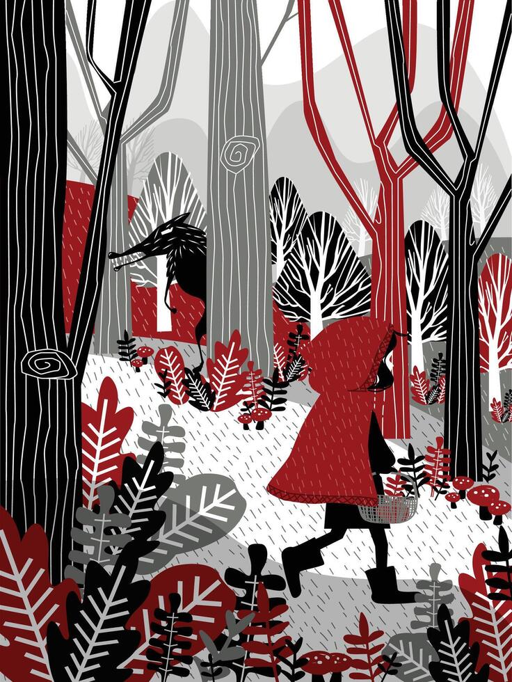 Little Red Riding Hood travels in the forest vector