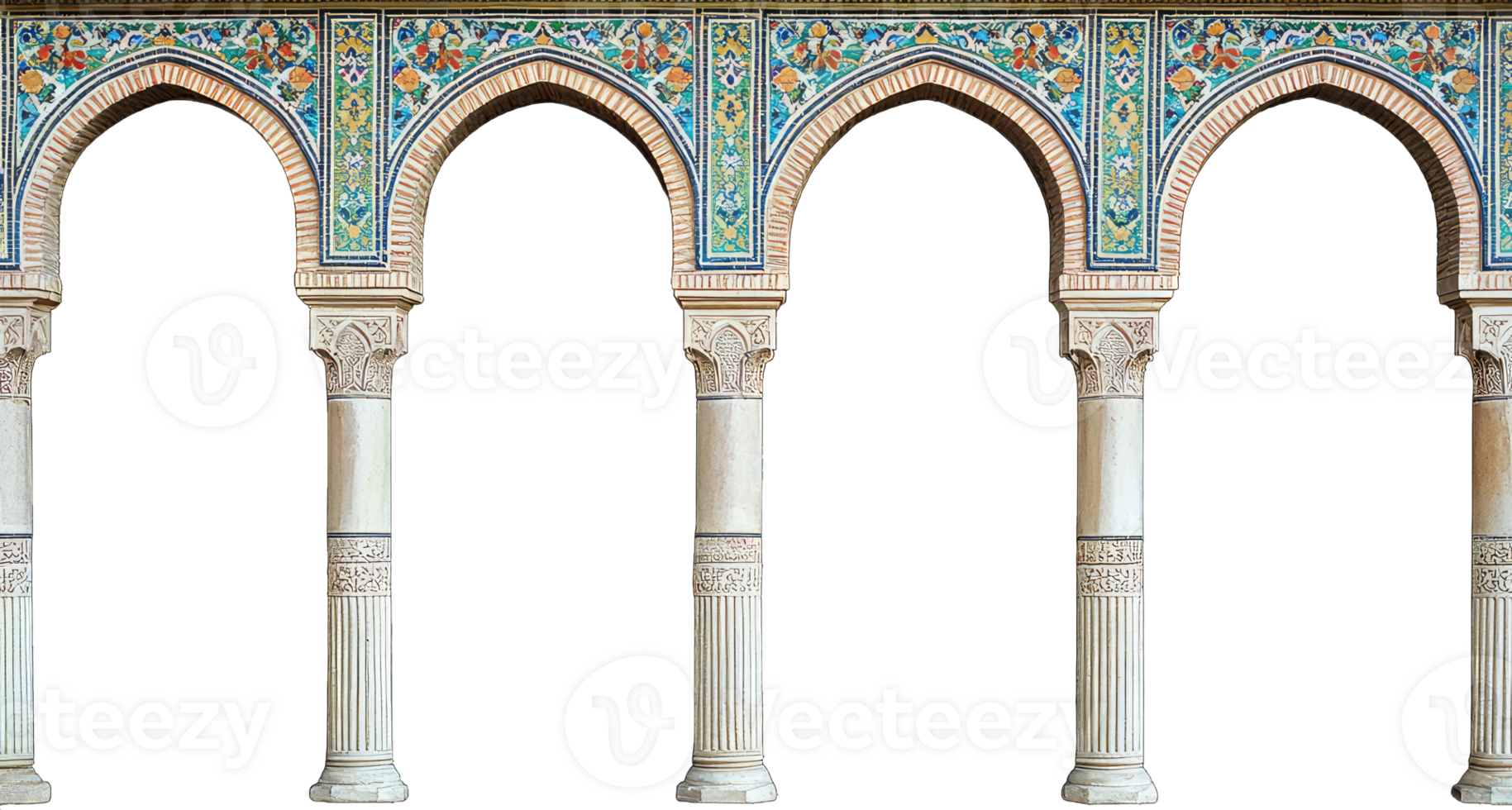 A photograph of arches and columns with Islamic geometric patterns png