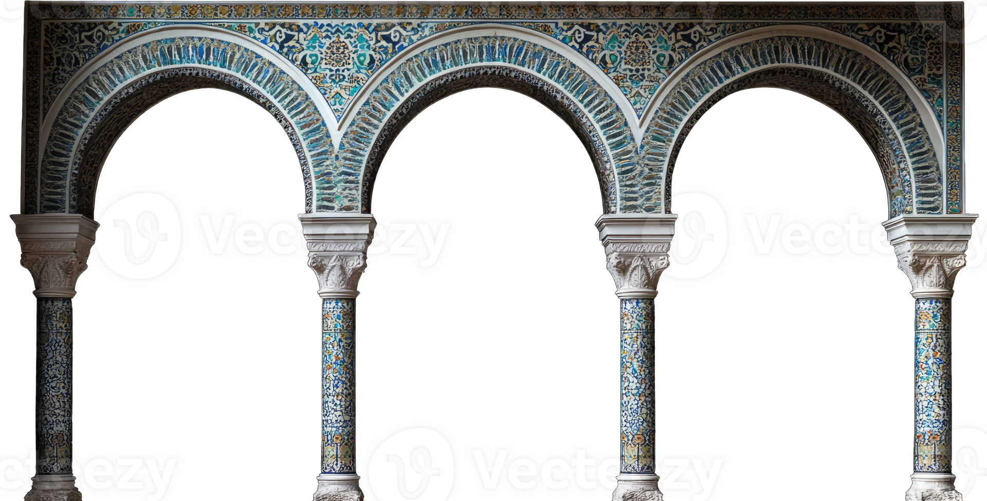 A photograph of arches and columns in the style of Islamic architecture, with Arabic mosaic tiles on the walls png