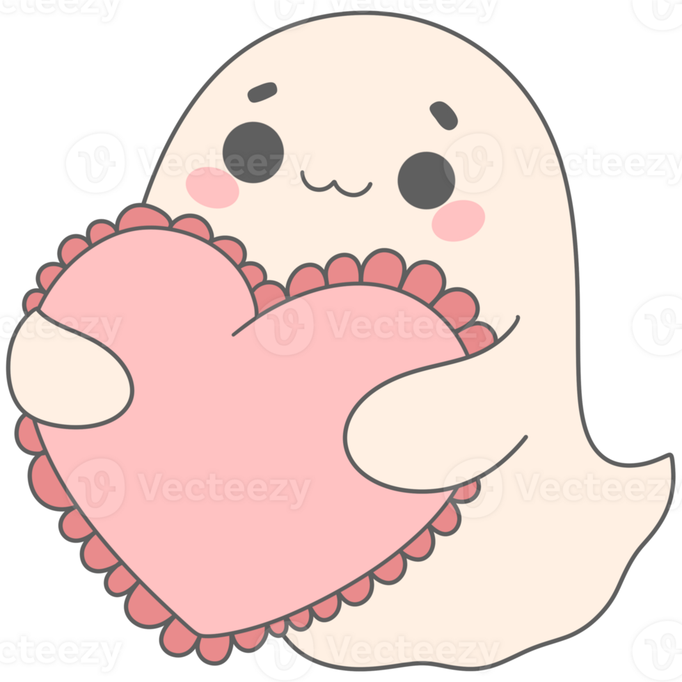 Cute Ghost Holding Fluffy Heart Pillow for Valentine Illustration png