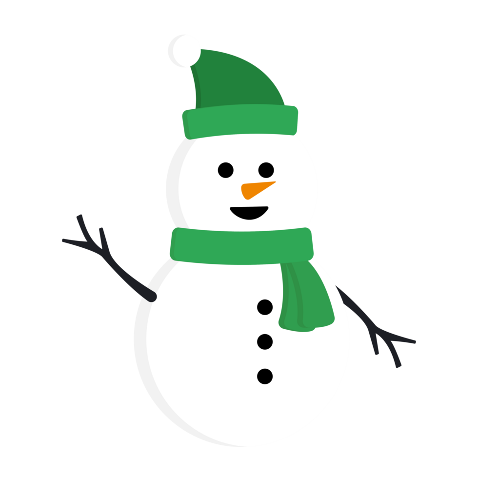 White Snow Man with Hello Gesture Wearing Green Beanie and Green Scarf png