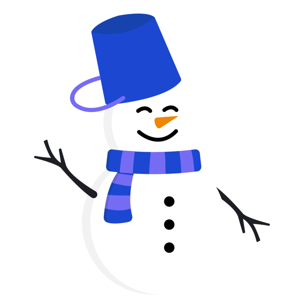 Wink White Snow Man with Twig Hand Up Wearing Blue Bucket Hat and Scarf png