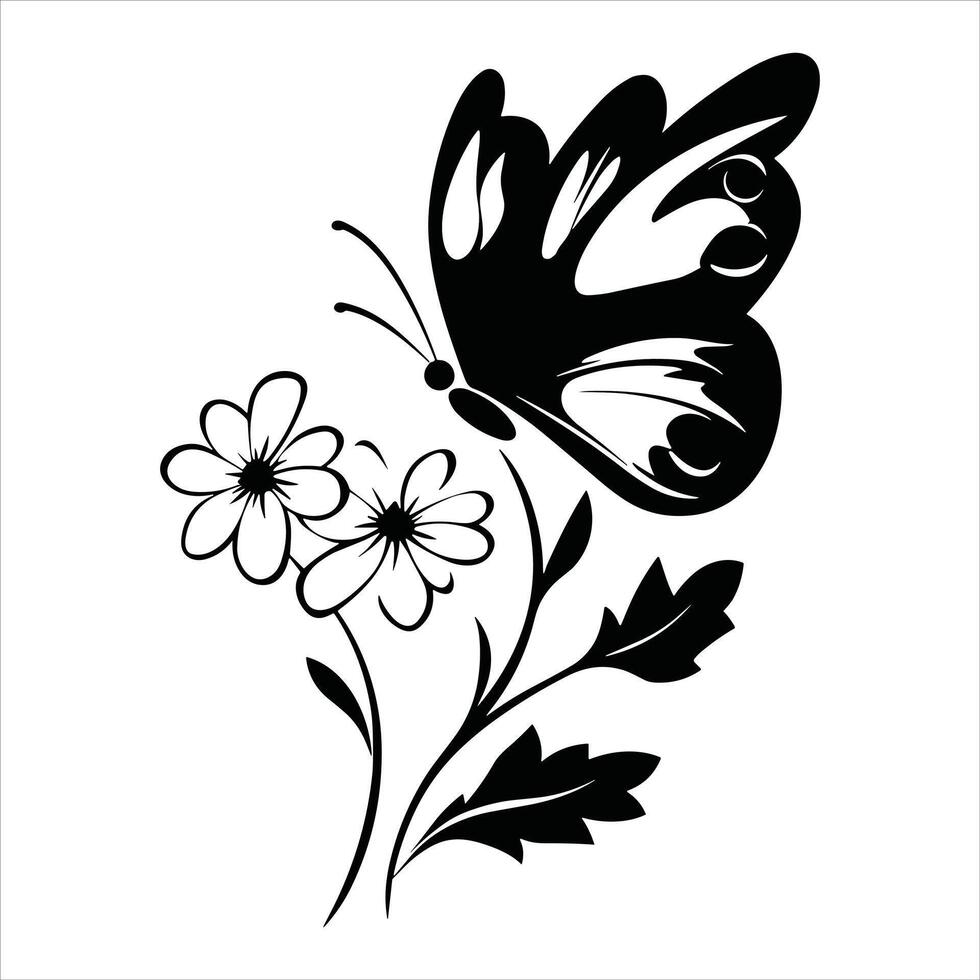 A butterfly silhouette and flower on a white background with a butterfly on it vector