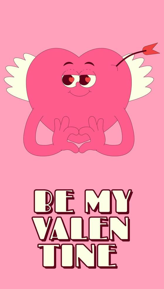 Vertical stories template with lovely heart character with wings in retro groovy style. Social media post with psychedelic mascot. Be my Valentine. poster vector